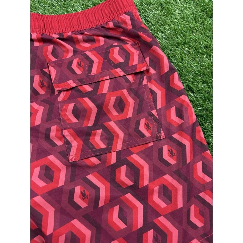Psycho Bunny Swim Trunks L Geometric Print Red Black Mesh Lined